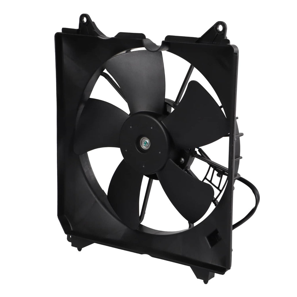 Radiator cooling fan assembly with black blades, motor hub, and attached power cable