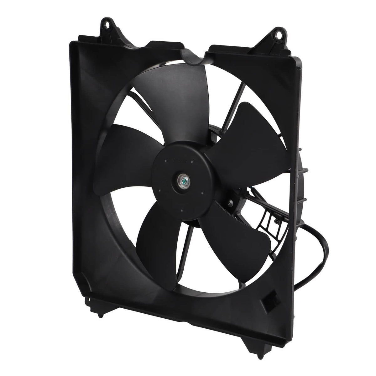 Radiator cooling fan assembly with black blades, motor hub, and attached power cable
