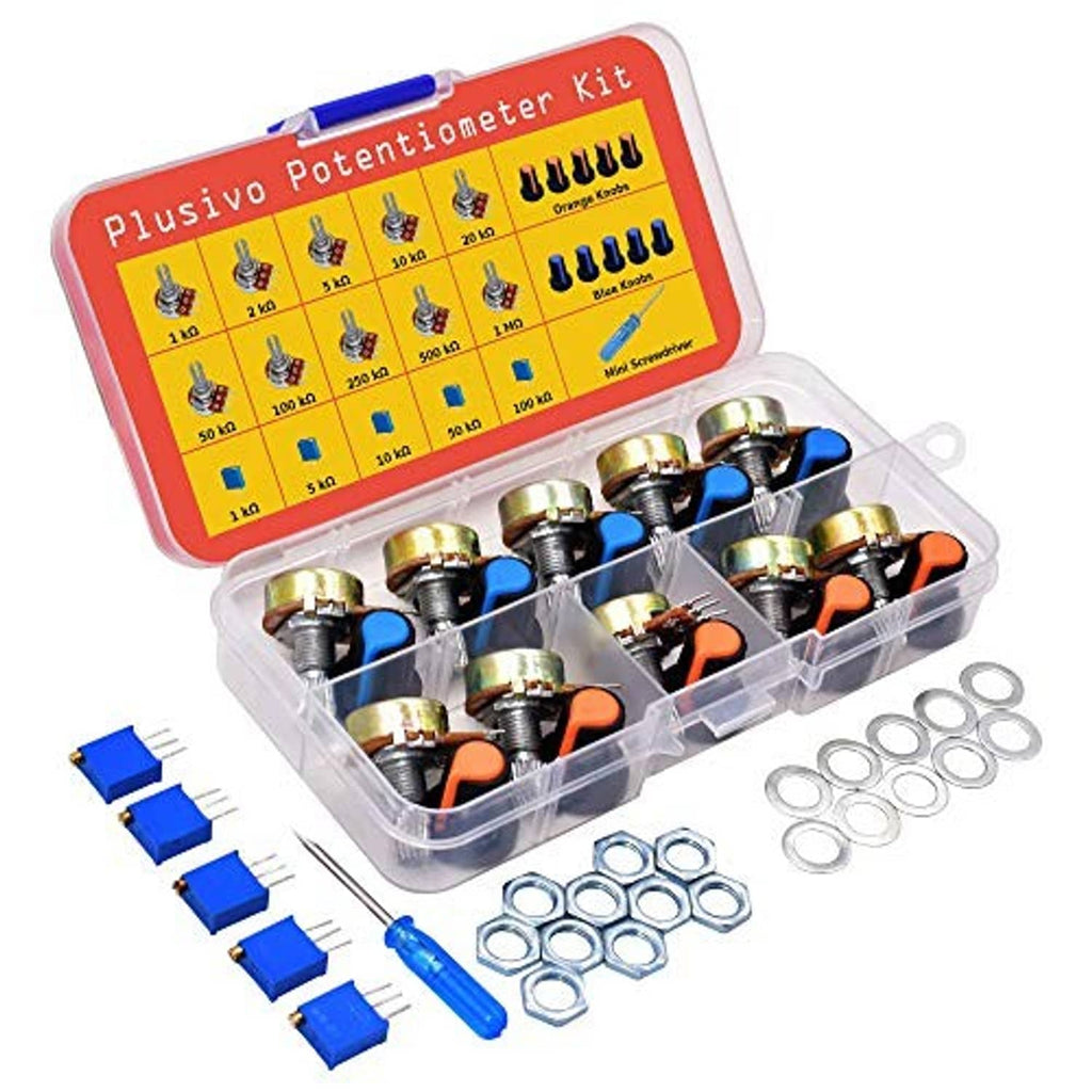 Potentiometer kit in clear case with mixed blue and orange knobs plus metal washers