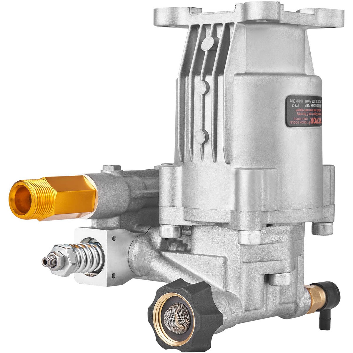 Pressure washer pump side view with black inlet screen and gold outlet fitting on metal housing
