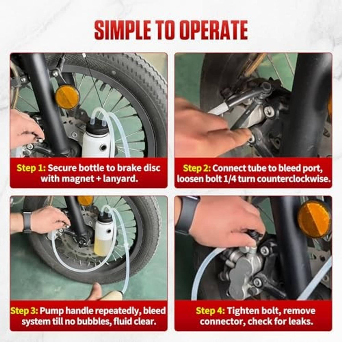 Brake bleeder kit steps showing bottle placement and vacuum bleeding hose connections
