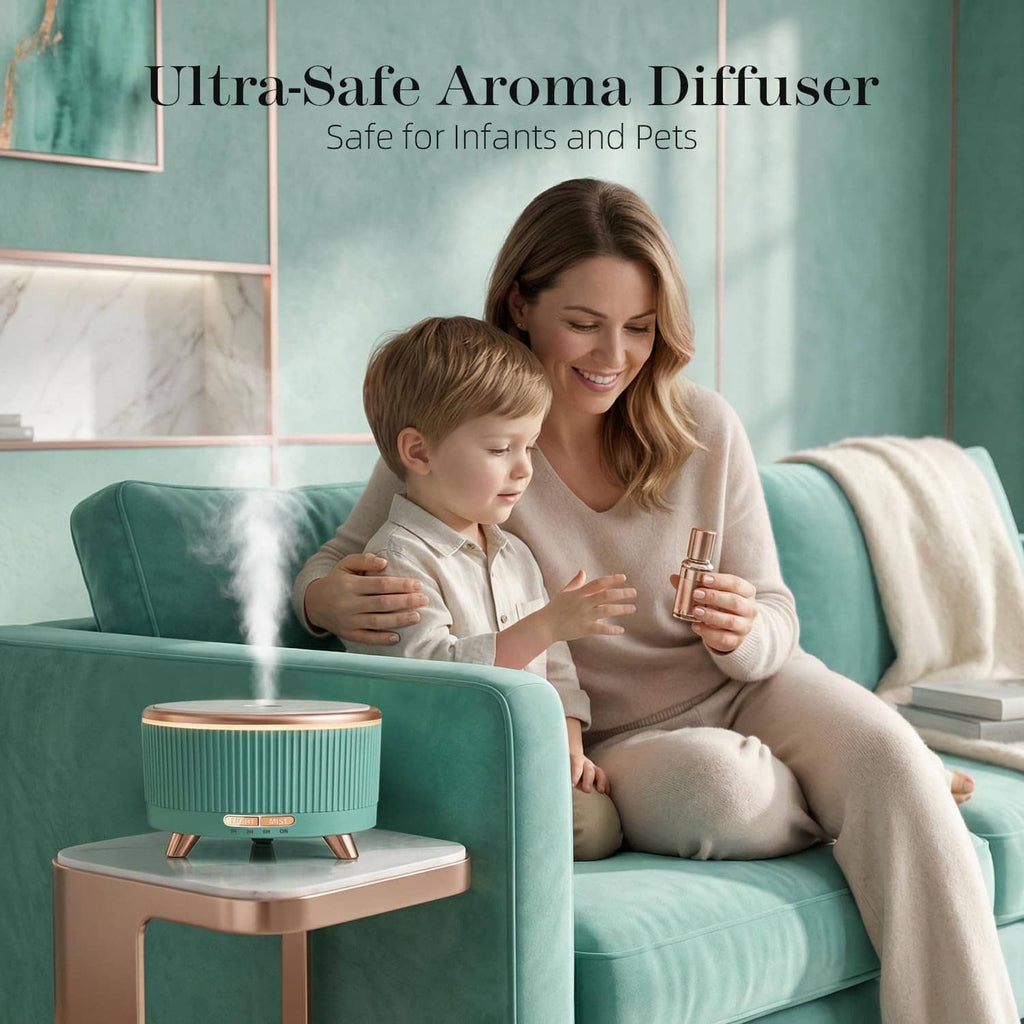 Emerald aqua aroma diffuser with mist and copper feet beside a child and caregiver