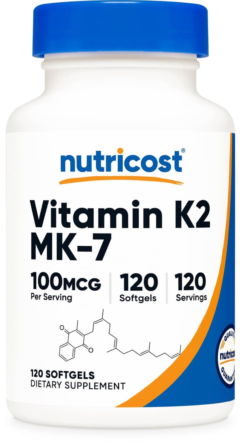 nutricost Vitamin K2 MK-7 100 mcg softgel supplement bottle with blue cap