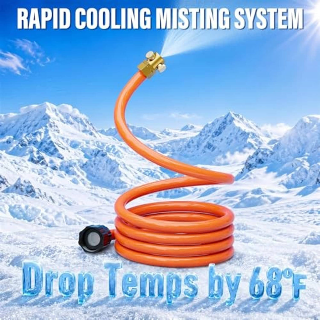 Orange garden hose mister coil with brass nozzle and connector for high-pressure mist