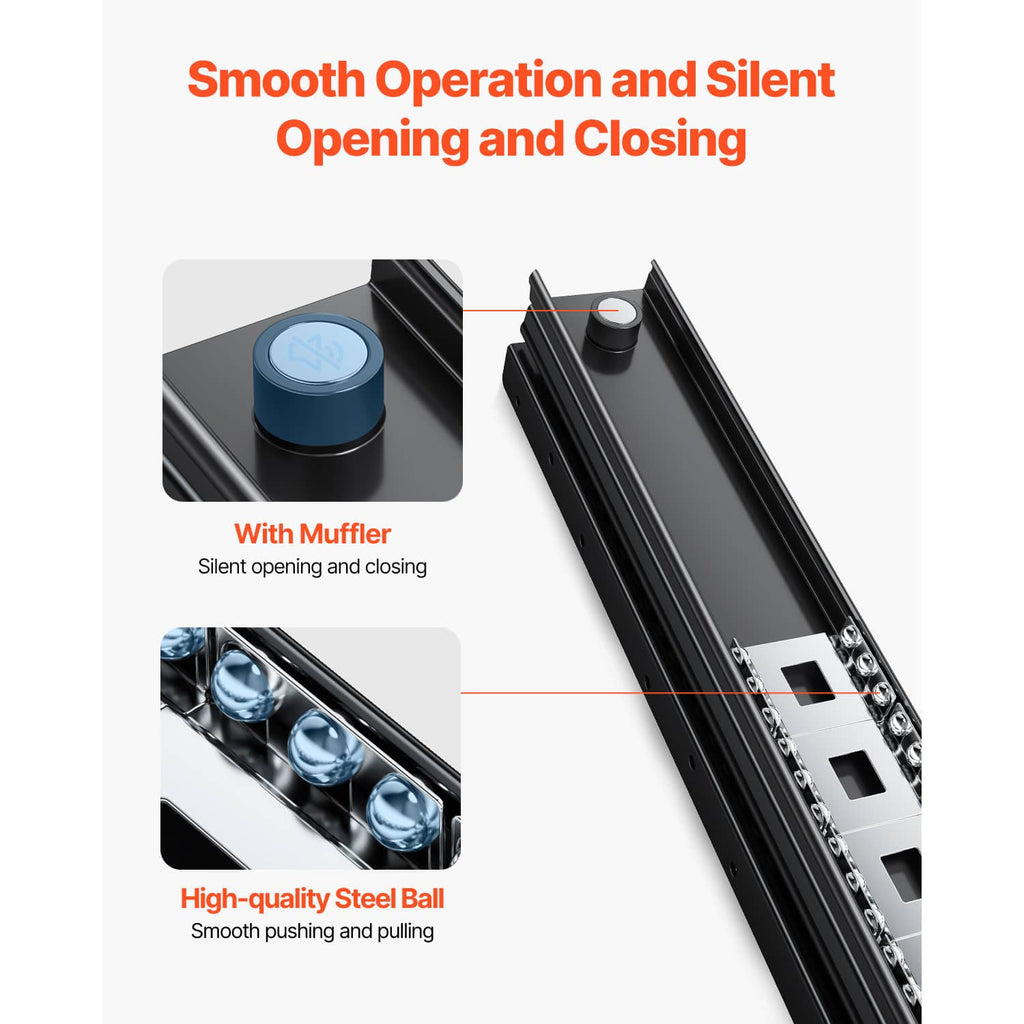 Black drawer slide rail with silent damper and steel ball bearing roller mechanism detail.