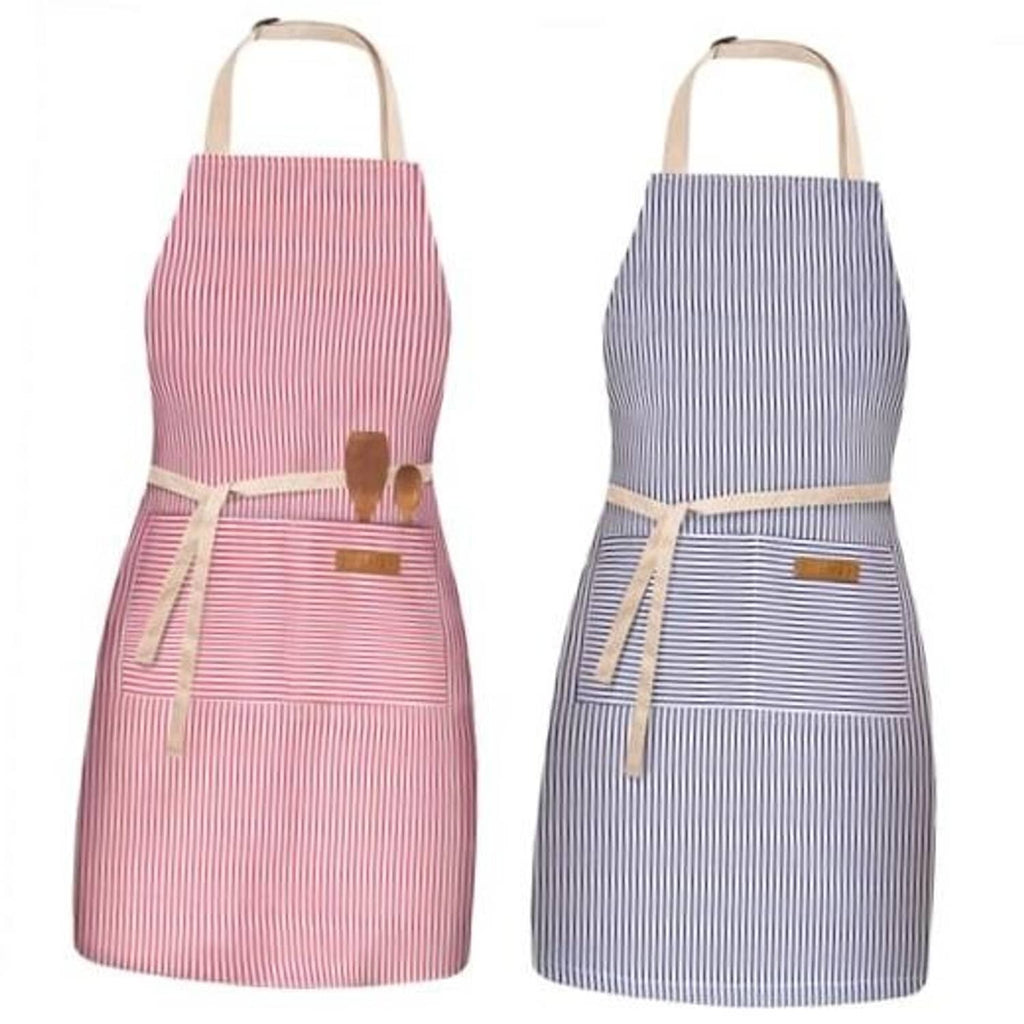 Set of 2 adjustable bib aprons, red and blue pinstripe, with front pockets
