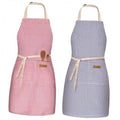Set of 2 adjustable bib aprons, red and blue pinstripe, with front pockets