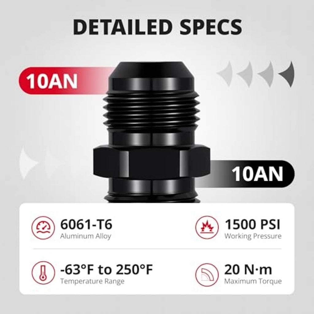 Black AN flare union straight adapter fitting, front view of flared male connection