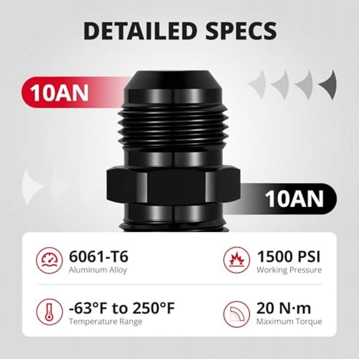 Black AN flare union straight adapter fitting, front view of flared male connection