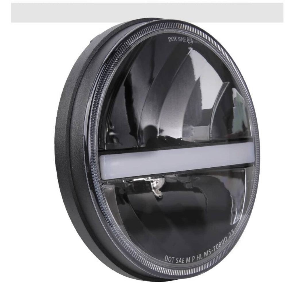 Round halo LED headlight with chrome-ring bezel and black housing, front close-up