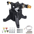 Black vertical pressure washer pump with brass threaded ports and mounting base