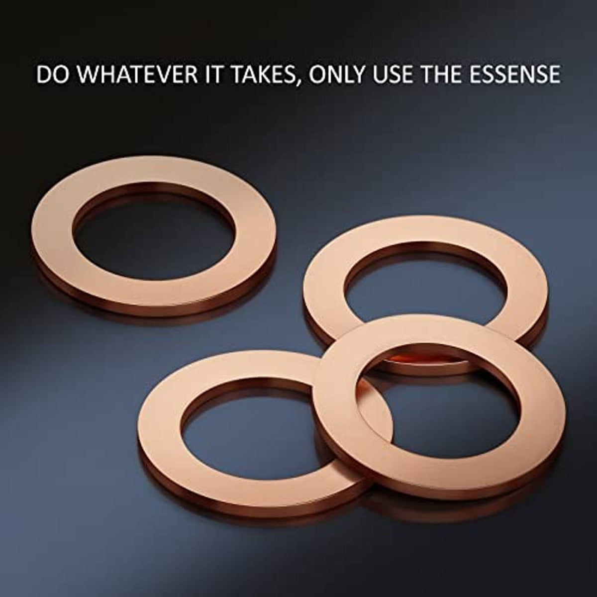 Copper crush washers, four red-copper sealing rings with center holes (overlapping view).