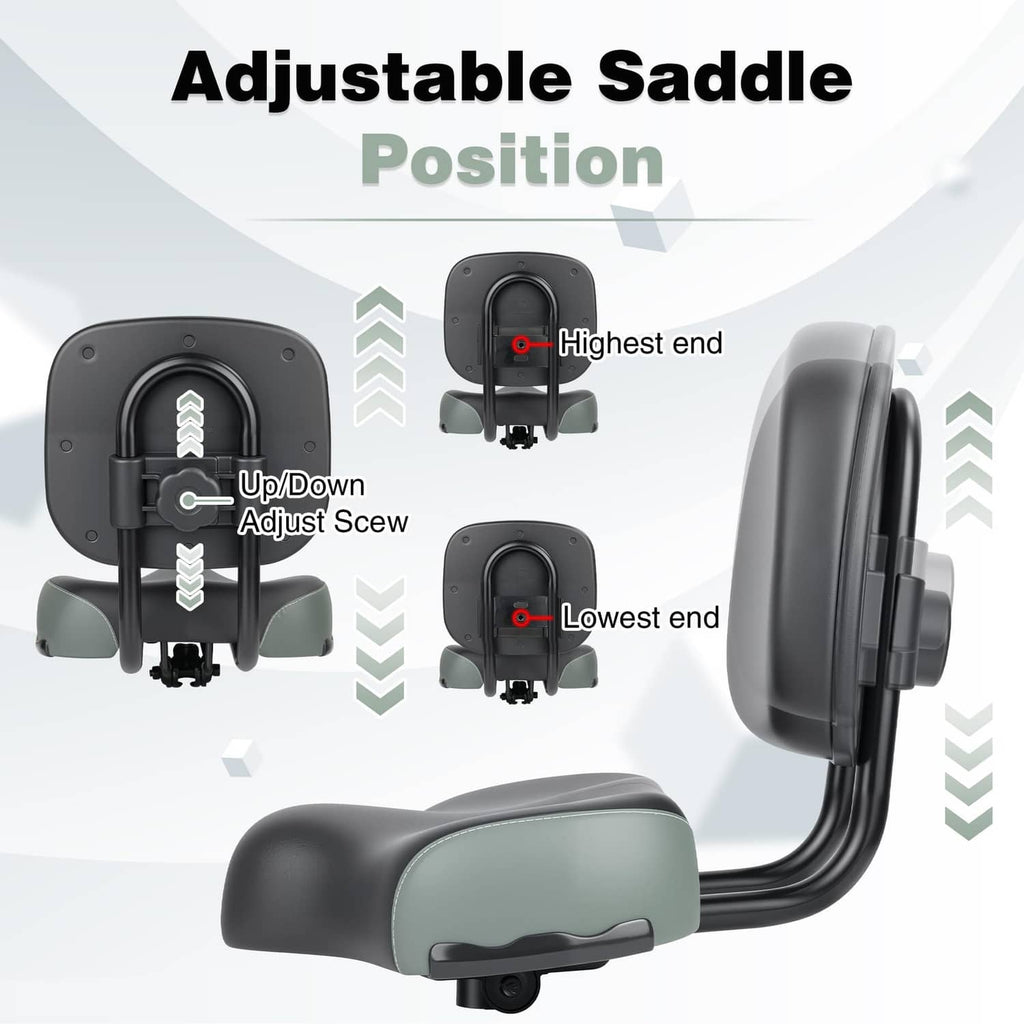 Adjustable black bike saddle with backrest, including height adjustment screws