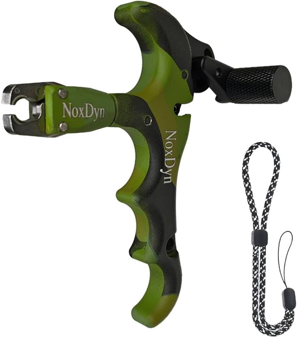 Camo green/black 360° thumb release for compound bow, black textured handle, lanyard