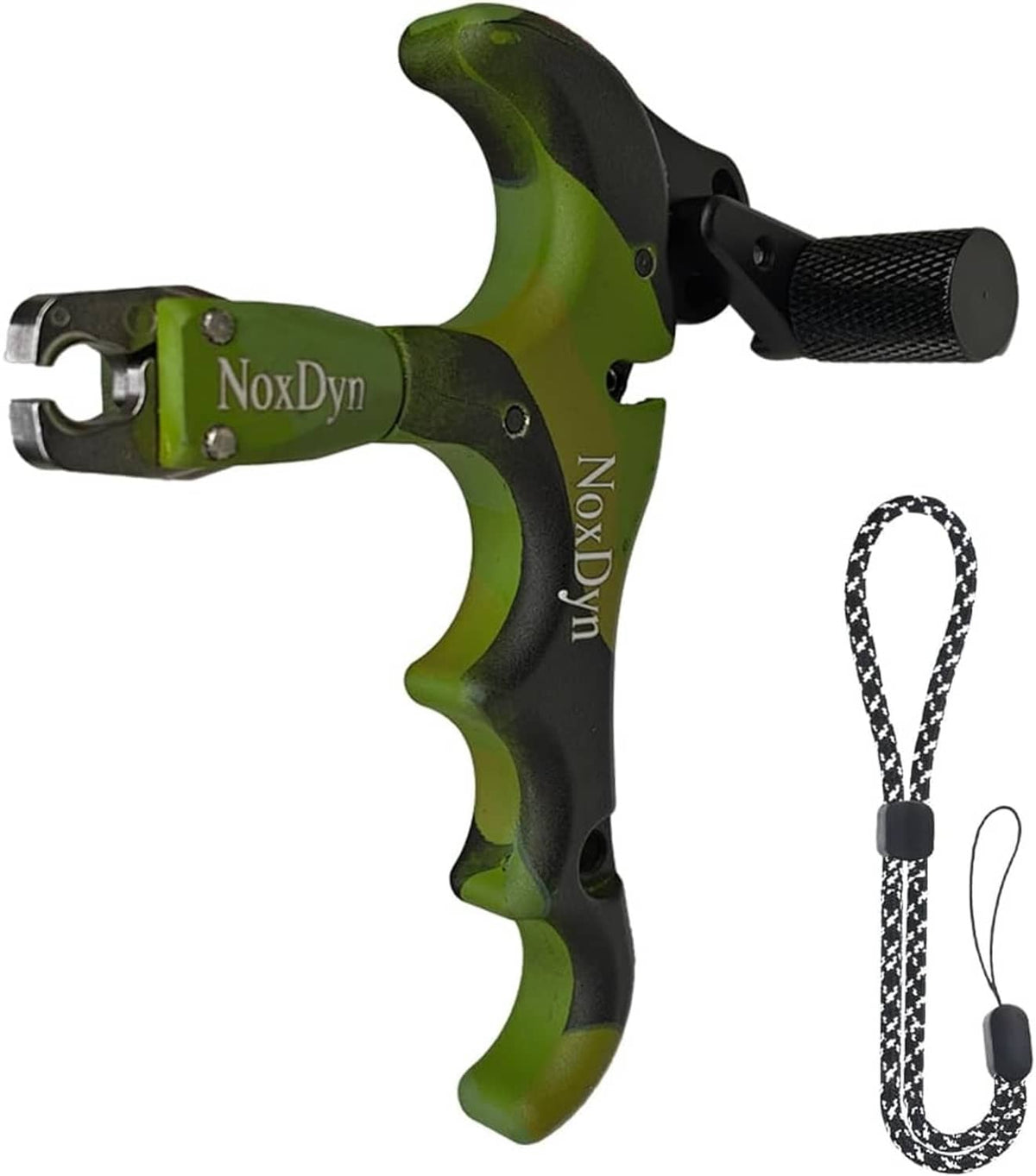 Camo green/black 360° thumb release for compound bow, black textured handle, lanyard