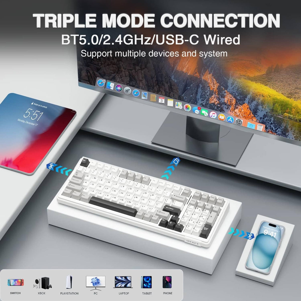 Mechanical keyboard, white keycaps with dark grey accents and black function keys