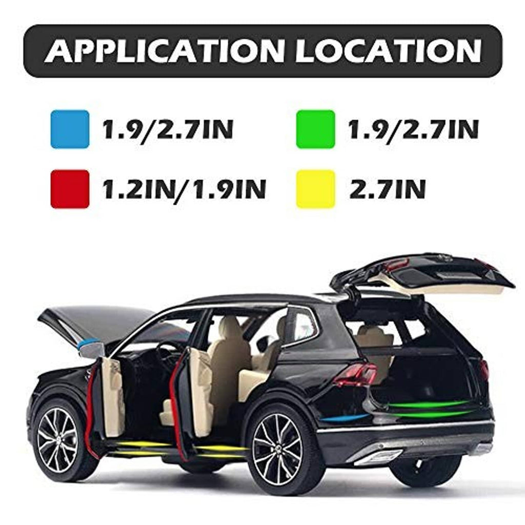 Clear protective film application chart with size options for vehicle door and bumper edges