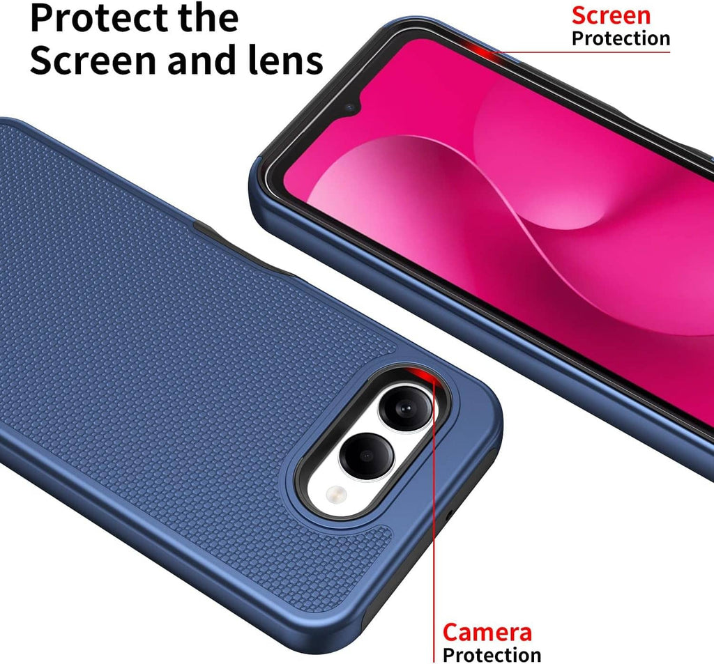 Blue dual-layer phone case with screen and camera protection edges