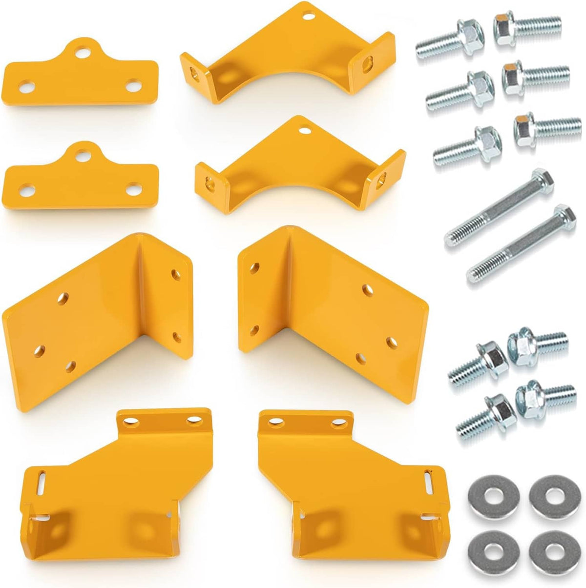 Yellow hydro transmission bracket kit with mounting brackets and bolts, pins, washers