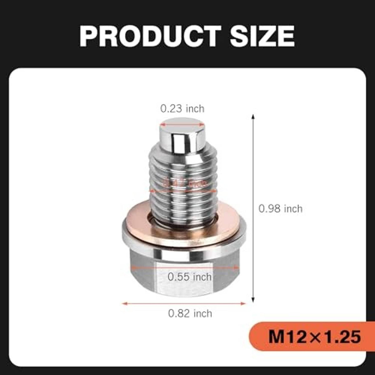 Magnetic oil drain plug with M12x1.25 thread size and copper gasket ring