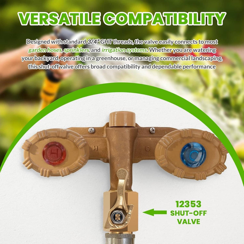 Brass shut-off valve assembly with quarter-turn lever and inlet ports