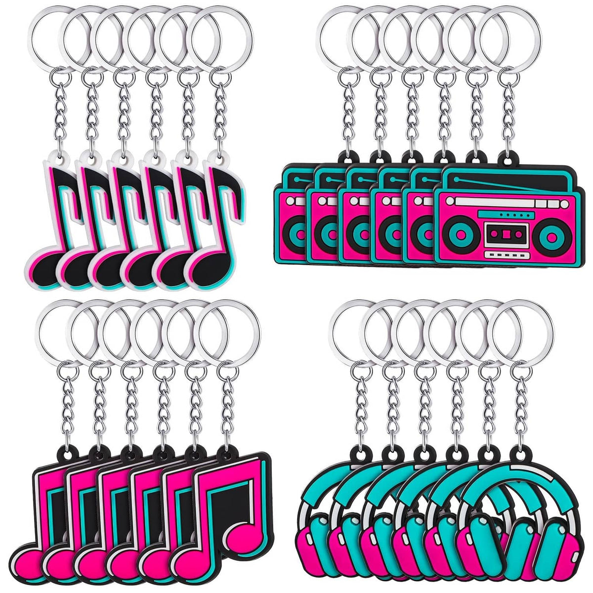 Music-themed keychain set with colorful note, headphones, and boombox charms (16)