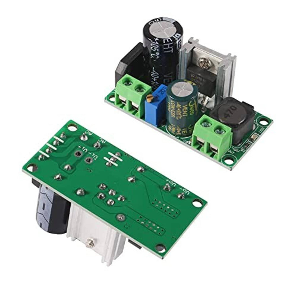 Step-down buck converter PCB with green terminal blocks and cylindrical capacitors