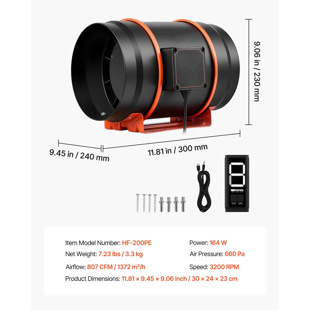 Orange-accented inline duct fan with controller, dimensions, and power specs diagram