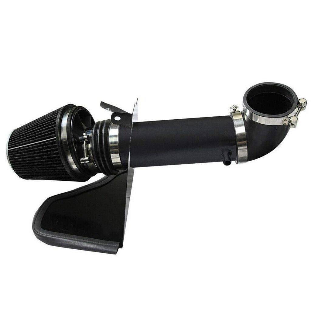 Cold air intake assembly with black intake tube, cone filter, and heat shield
