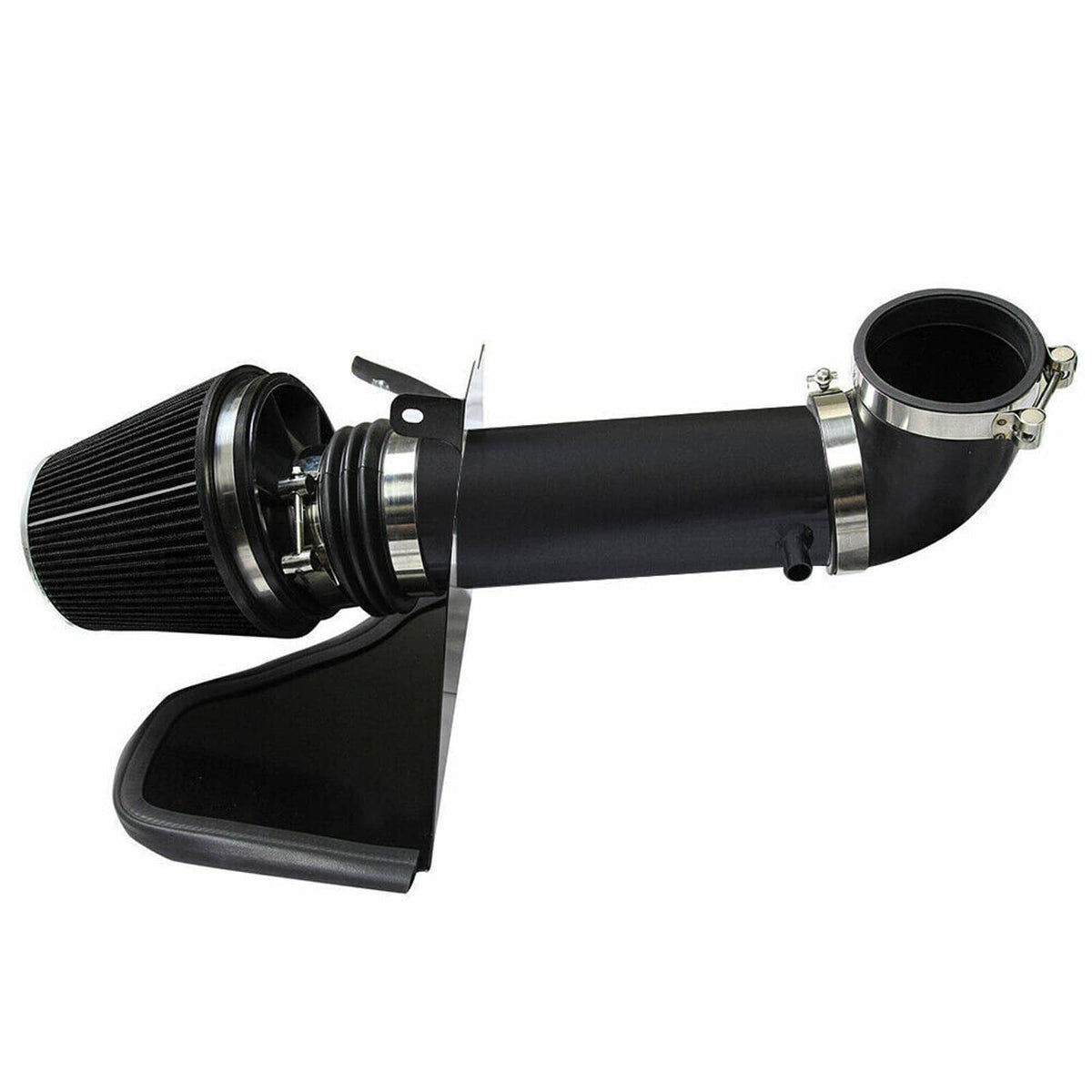 Cold air intake assembly with black intake tube, cone filter, and heat shield