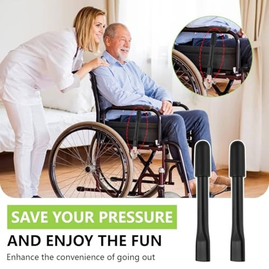 Two black wheelchair brake extender rods next to a wheelchair
