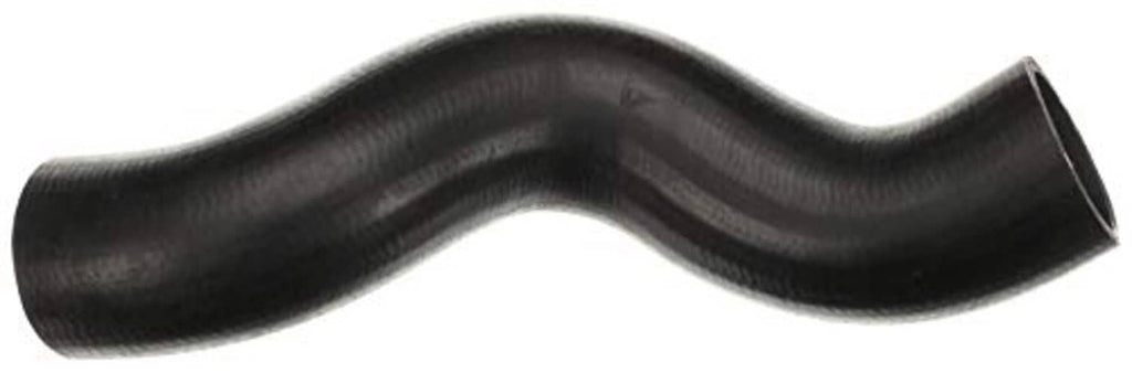 Black molded coolant hose, curved shape with ribbing and flared angled end