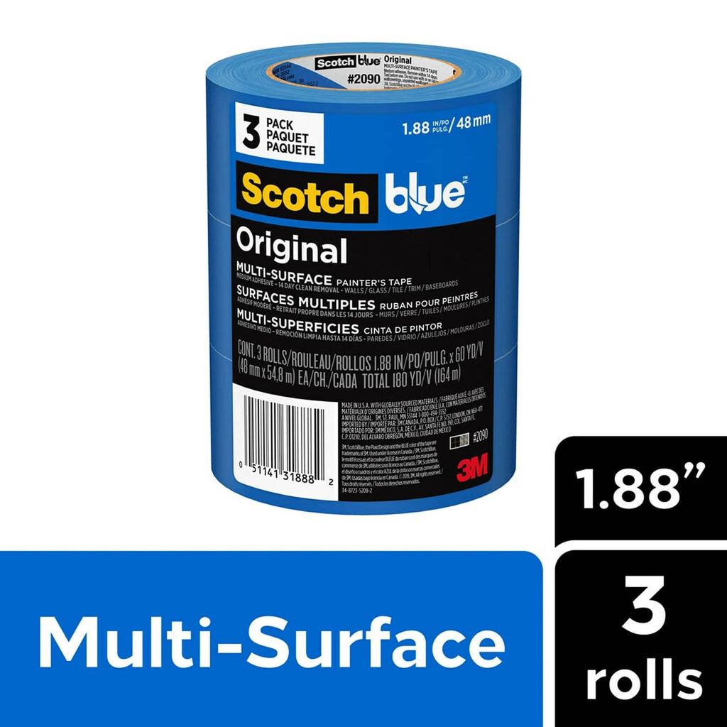 Blue ScotchBlue original multi-surface painter's tape, 3 rolls, 1.88 in width