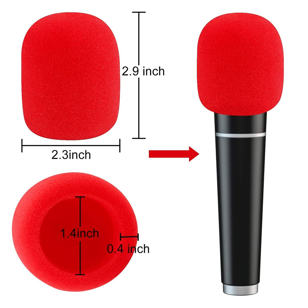 Red foam microphone cover with size markings, fitted on handheld mic