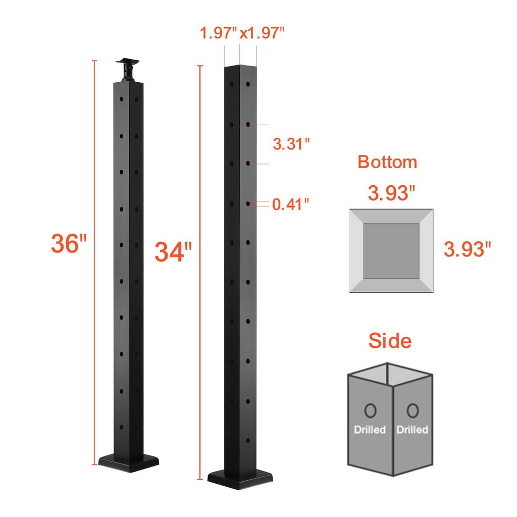 Black cable railing post sizing diagram showing height and base dimensions