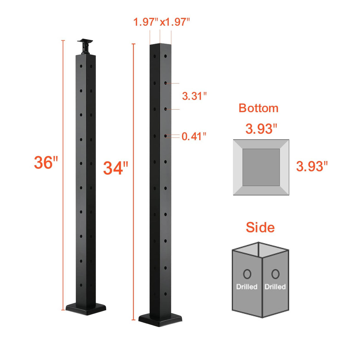 Black cable railing post sizing diagram showing height and base dimensions