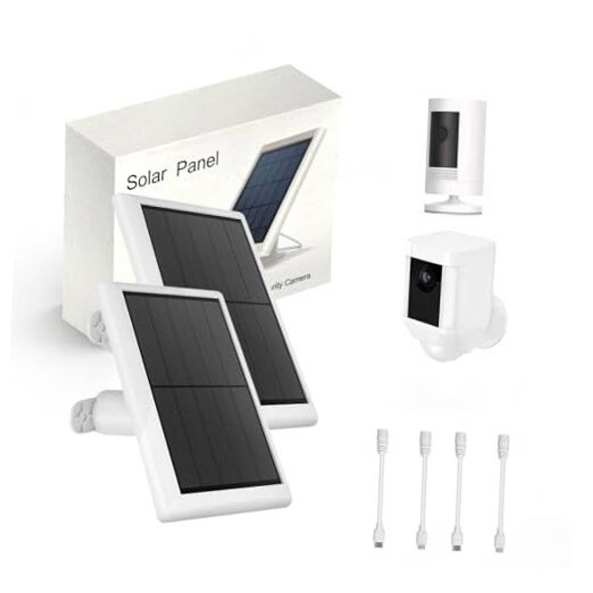 White solar panel charger kit with stand, camera mount brackets, and cables