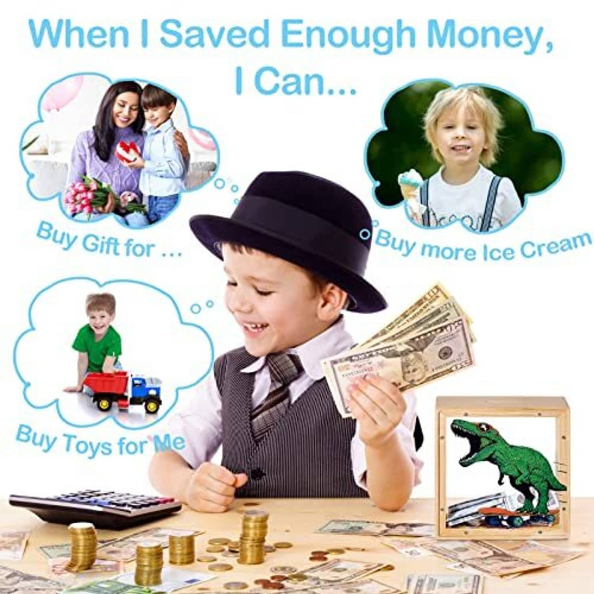 Wooden piggy bank with dinosaur artwork and clear acrylic window for bills and coins