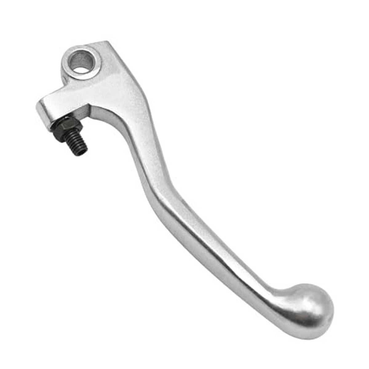 Silver metal brake lever replacement with curved arm and threaded bolt at pivot