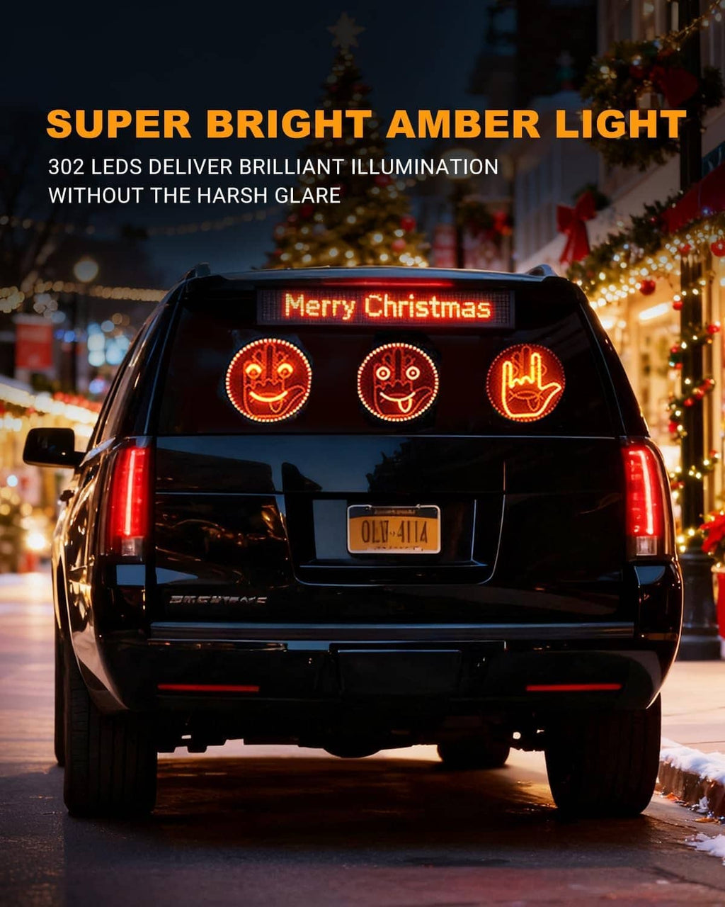 Car rear amber LED light with glowing hand-gesture icons