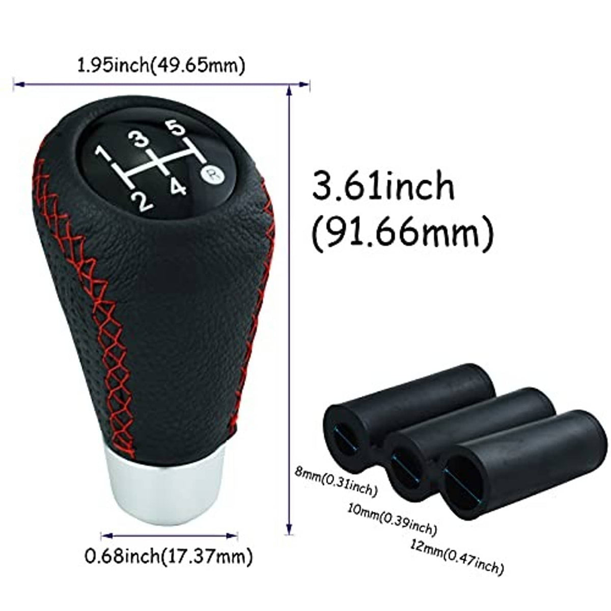 Black leather 5-speed gear shift knob with red stitching, with size diagram and mounting sleeves
