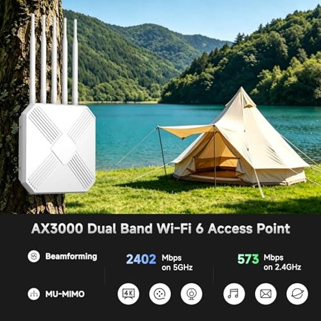 White outdoor Wi-Fi access point with four antennas, shown outdoors near a tent