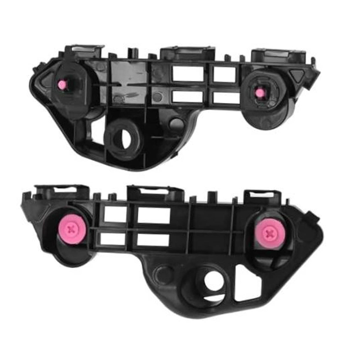 Black plastic front bumper bracket retainers, left and right pair with pink fasteners