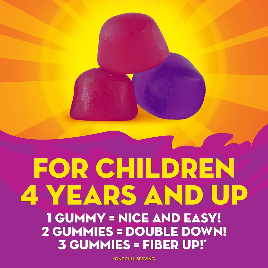 Mixed berry fiber gummies: three berry-colored gummies stacked, for children 4 years and up.