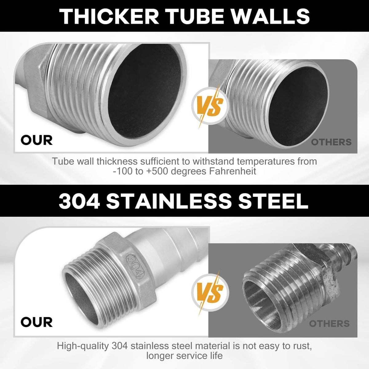 Stainless steel hose barb fitting, threaded ends with barbed connection tube
