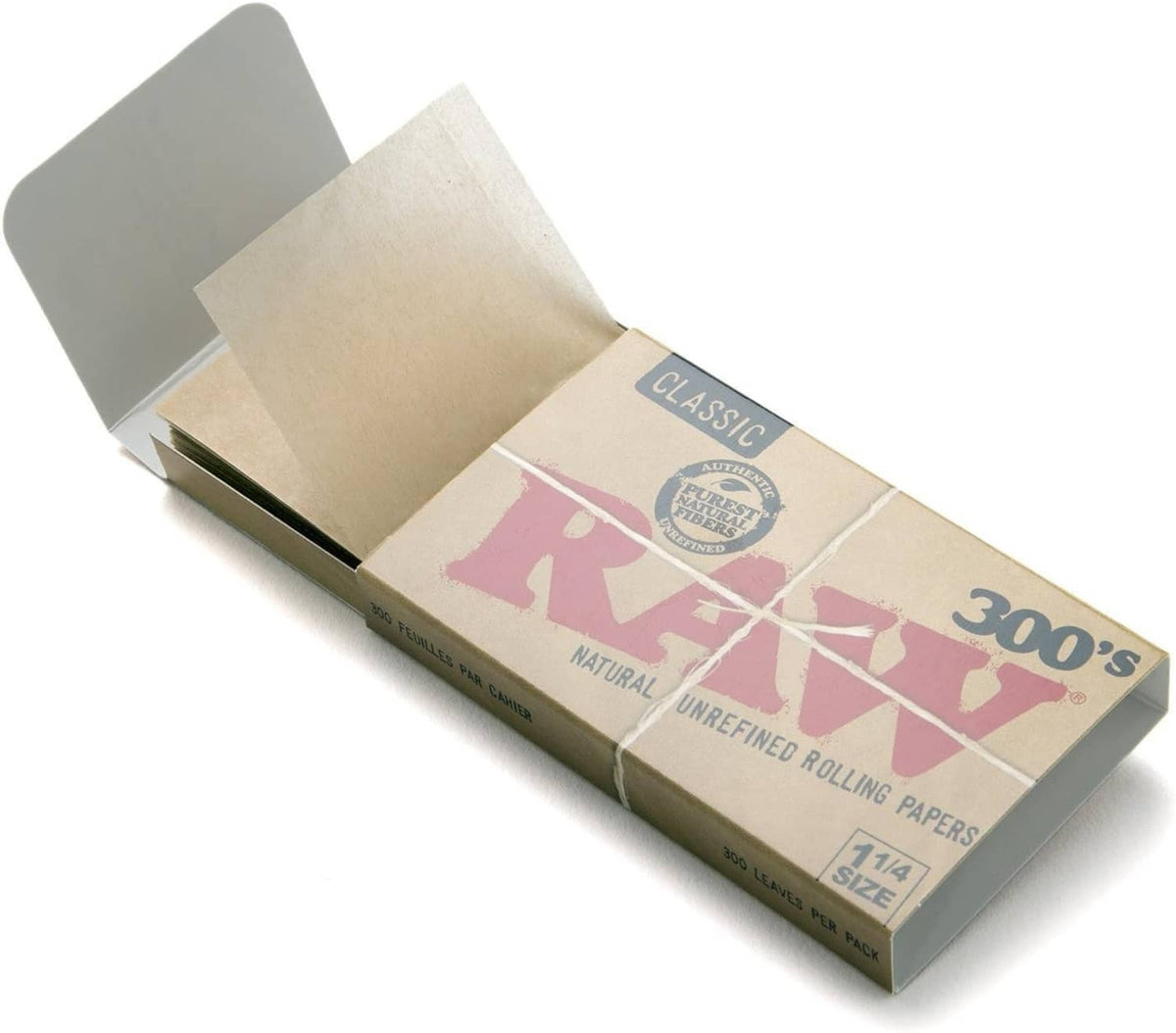 Rolling papers pack with tray open, Classic branding, natural unrefined, 1 1/4 size