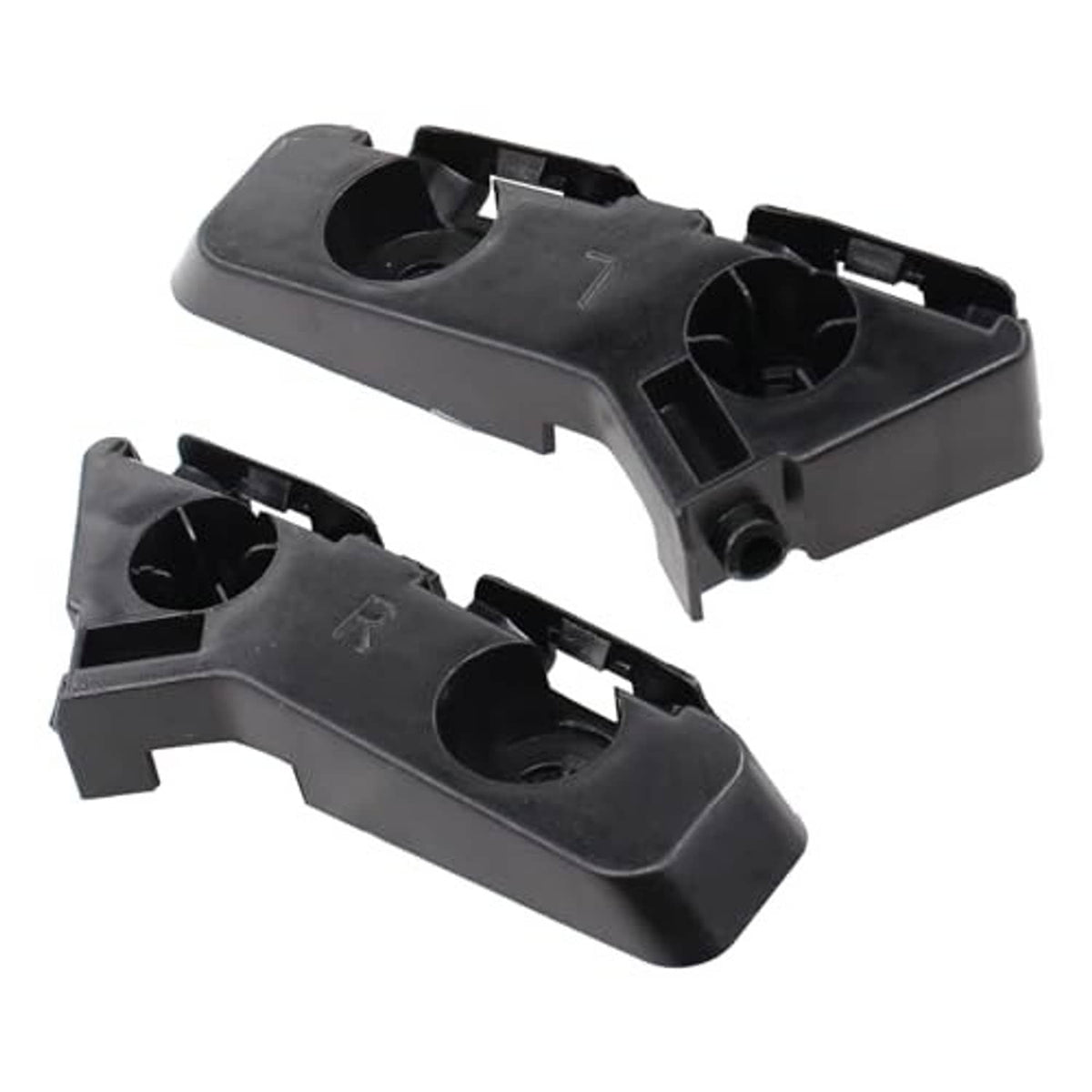 Front bumper bracket mounts with molded slots and round ports, dark gray plastic, two pieces