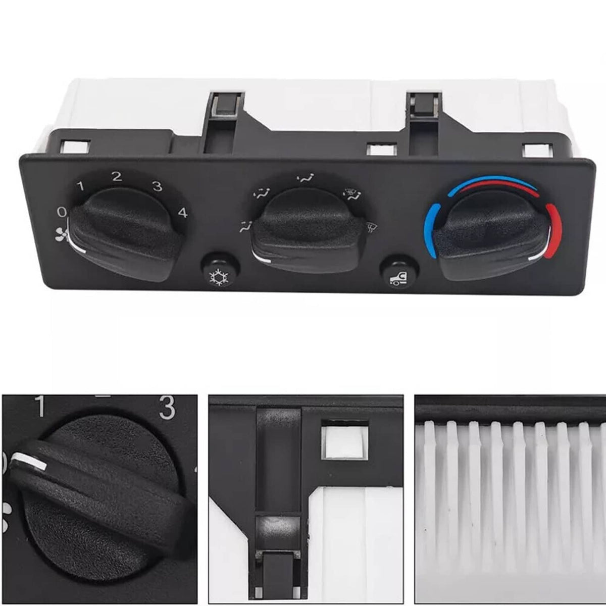A/C climate control module panel close-up with black face knobs and side connector cutouts