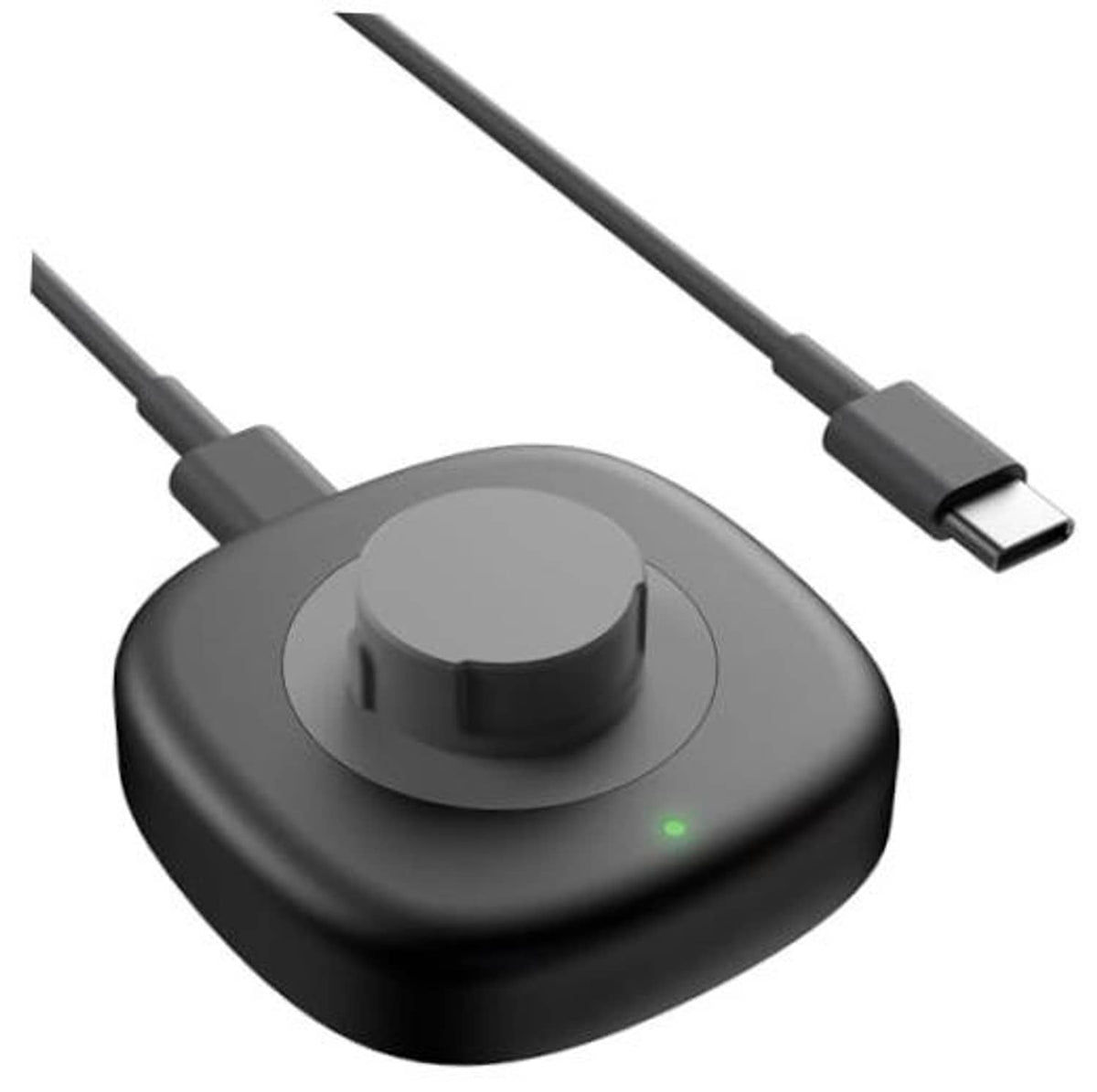 Dark gray portable charging dock with circular stand and USB-C cable connector