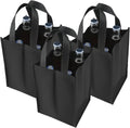 Set of three black 4-bottle wine tote bags with long carry handles and divided bottle slots